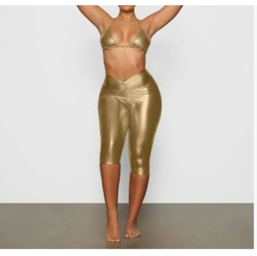 SKIMS Metallic Swim Gold Pant Rouched V Waist 2X